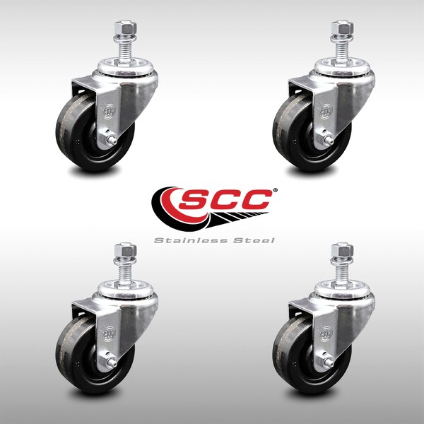 3 Inch SS Phenolic Wheel Swivel 3/8 Inch Threaded Stem Caster Set